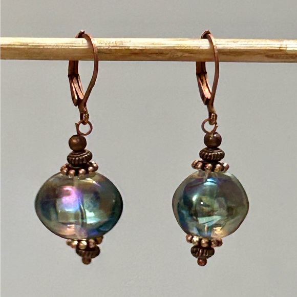 Antique Copper and Iridescent Czech Glass Earrings - Picture 6 of 12